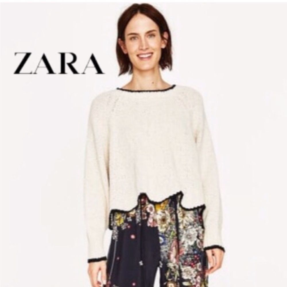Zara Cream Scallop Trim Cotton Blend Long Sleeve Pullover Knit Sweater Size S